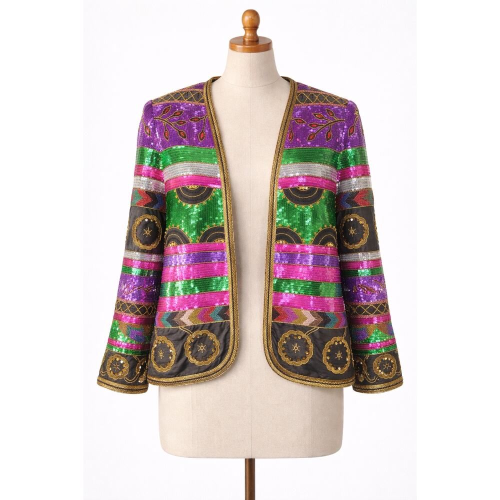 Colorful Sequin Jacket Vintage Beaded Pink Green Pink Black Silk